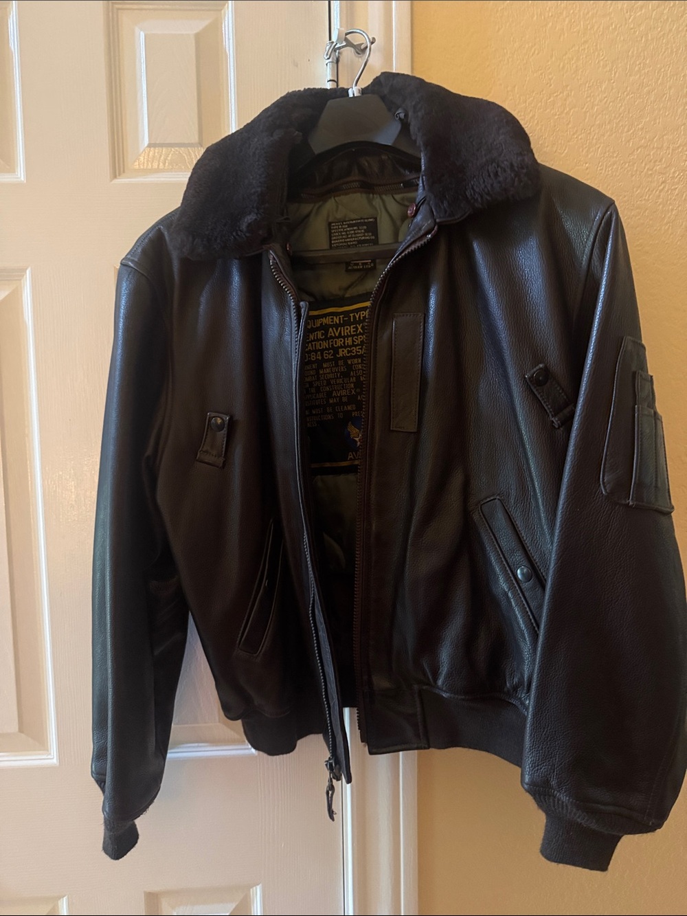 Avirex Chocolate Brown Leather Bomber Jacket with Dark Shearling Collar